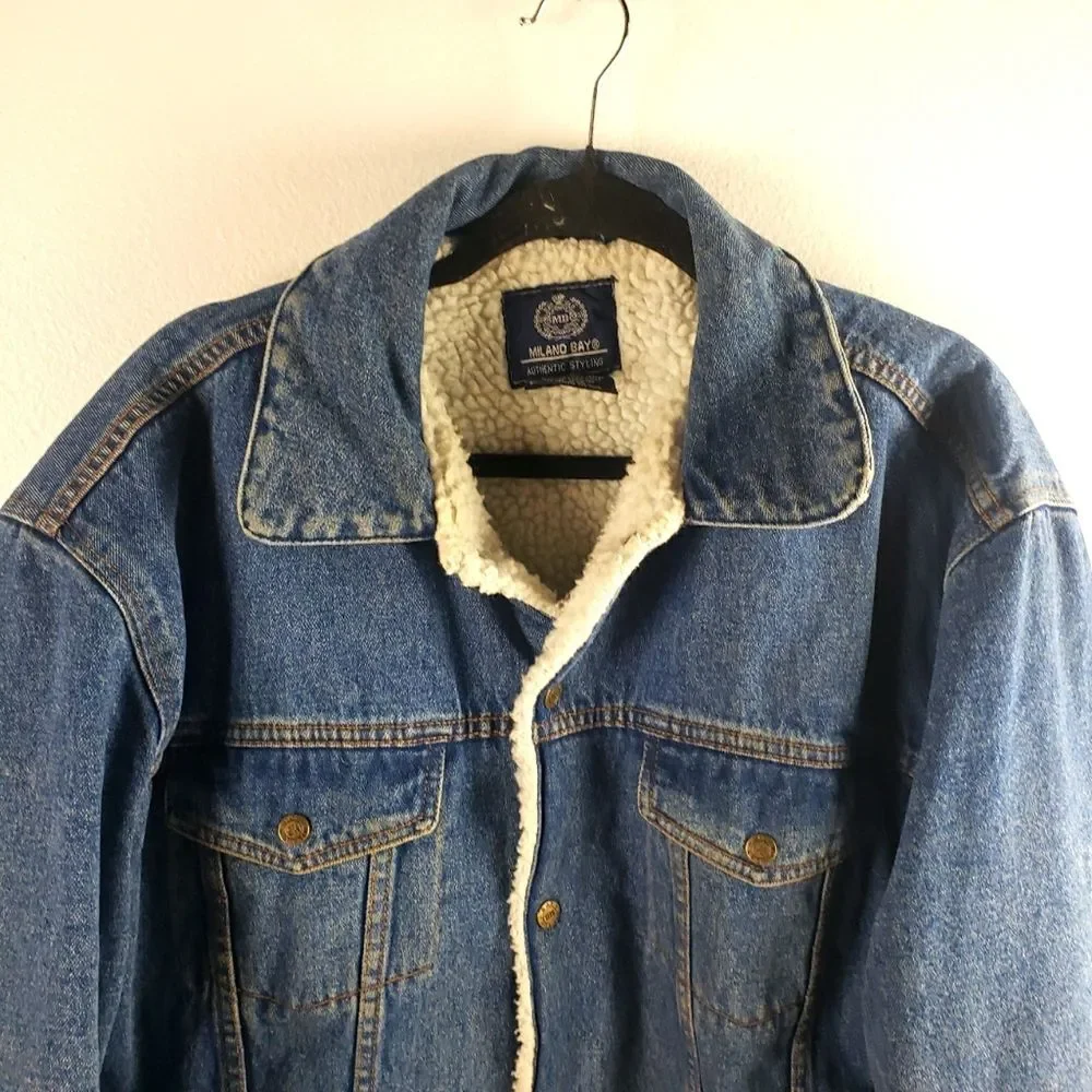 Men's Vintage Milano Bay Denim Sherpa Line Snap Button Jacket Size Large - Picture 8 of 13